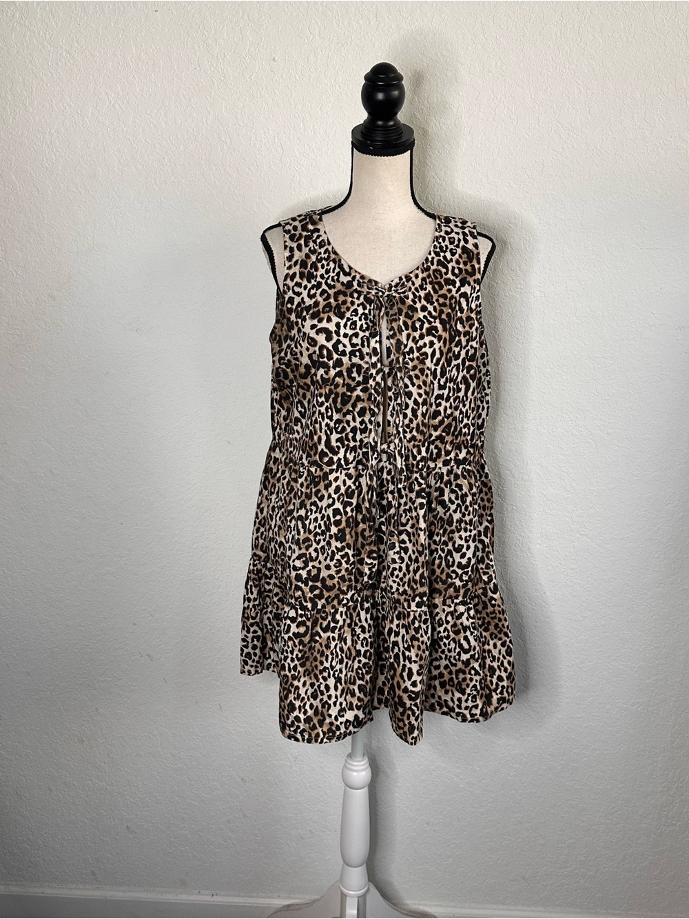 Japna Sleeveless Leopard Print Tiered Tunic Dress Brown & Black Dress Cotton XL